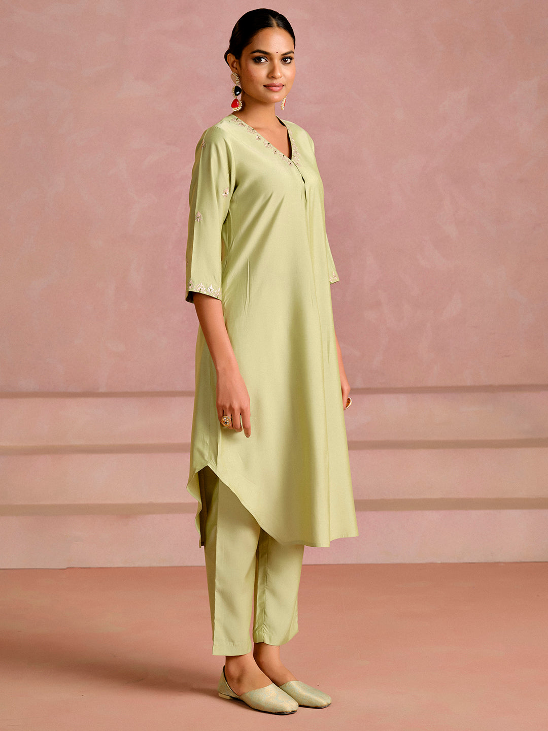 Embroidered A-Line Cotton Silk Kurta & Trousers Sets