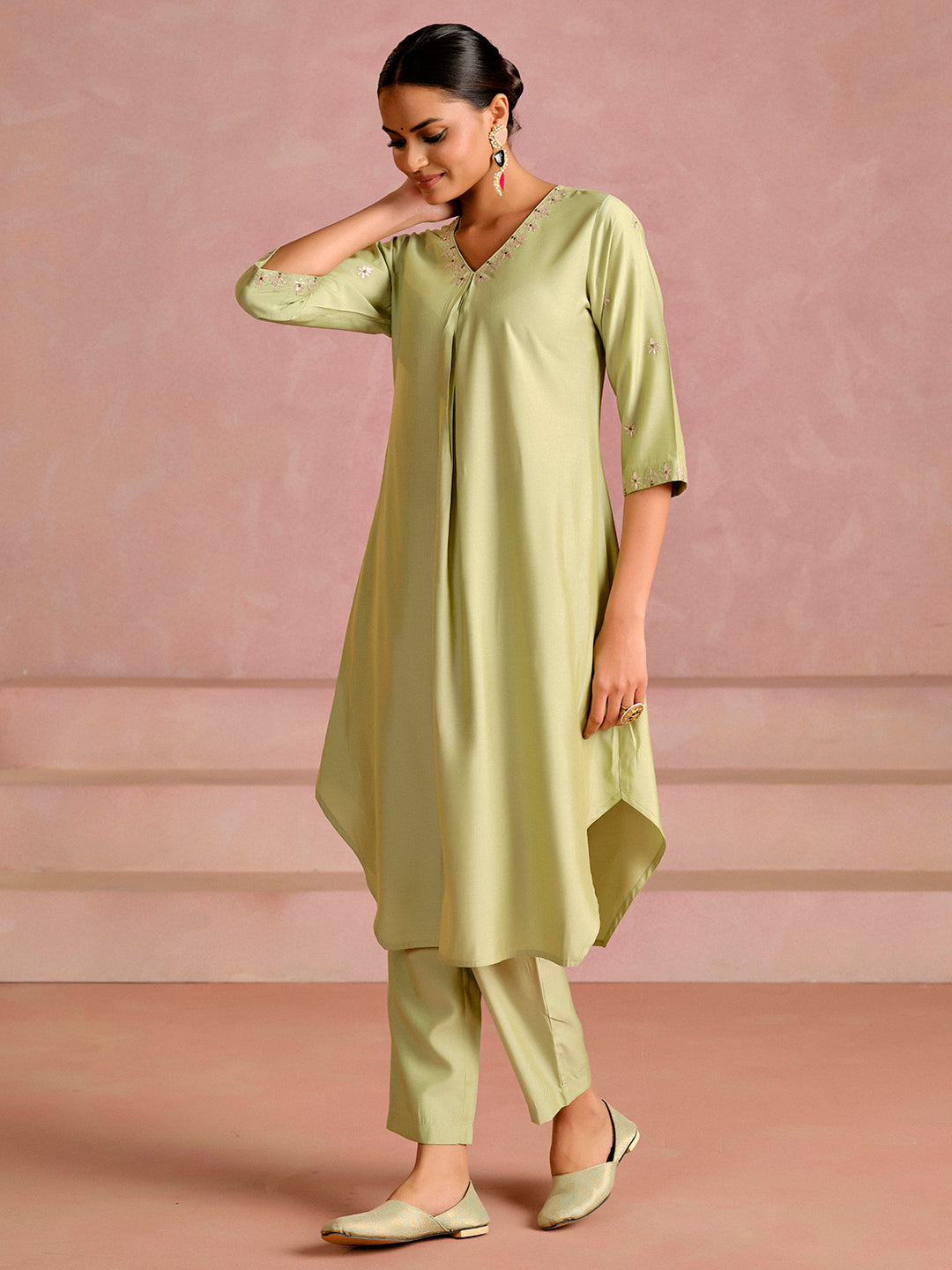 Embroidered A-Line Cotton Silk Kurta & Trousers Sets