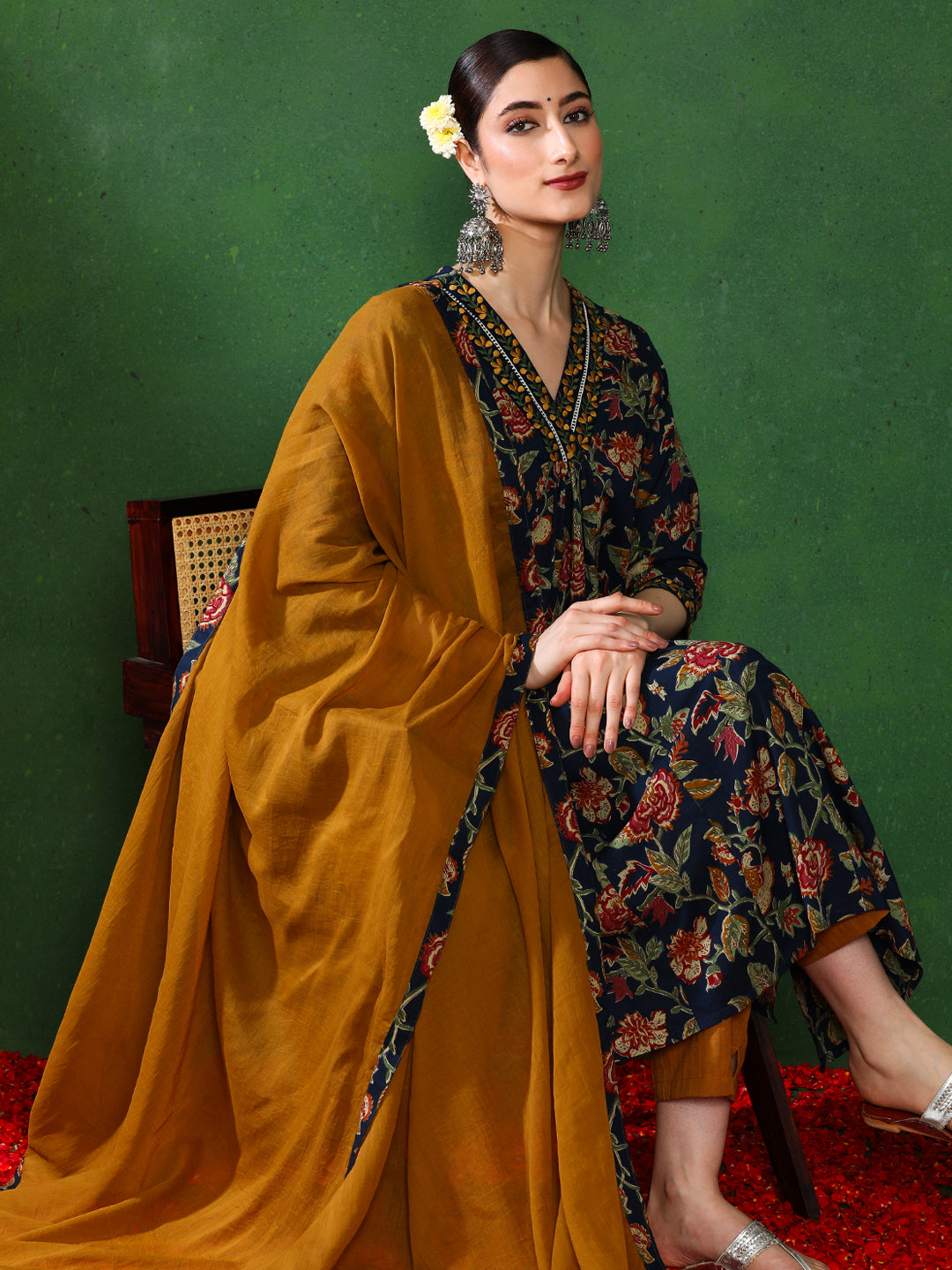 Floral Embroidered A-Line Kurta & Trousers Sets