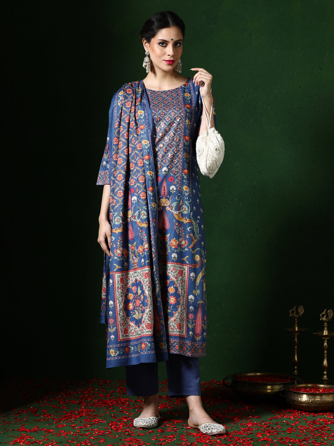 Floral Embroidered A-Line Pure Cotton Kurta & Trousers Sets