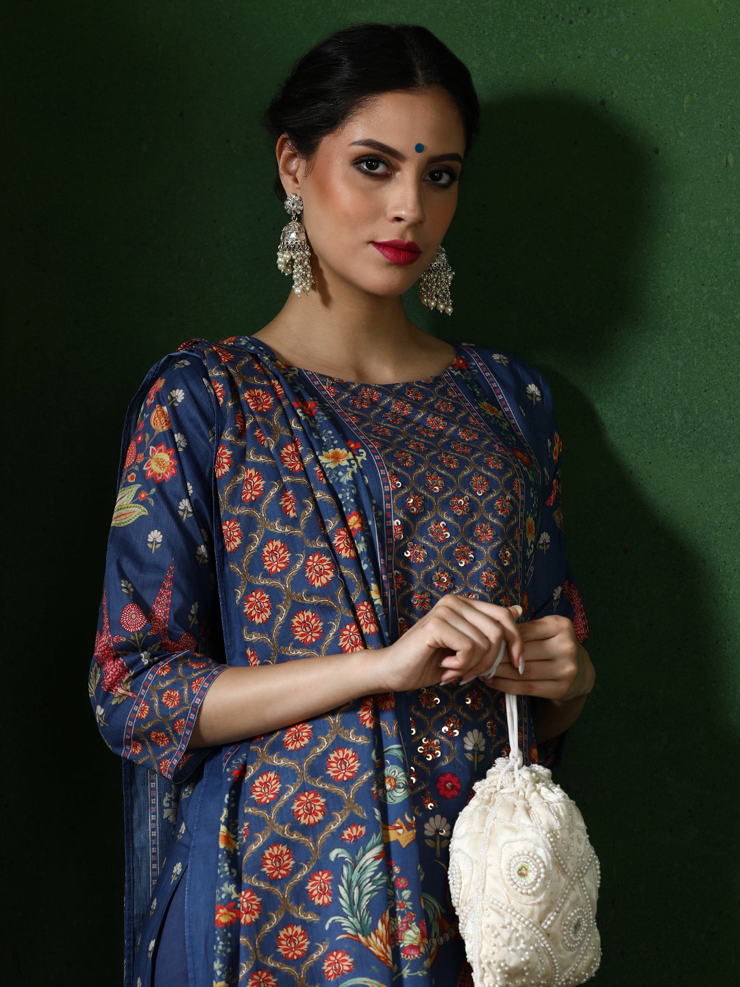 Floral Embroidered A-Line Pure Cotton Kurta & Trousers Sets