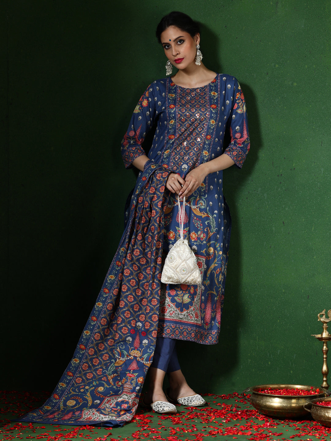 Floral Embroidered A-Line Pure Cotton Kurta & Trousers Sets