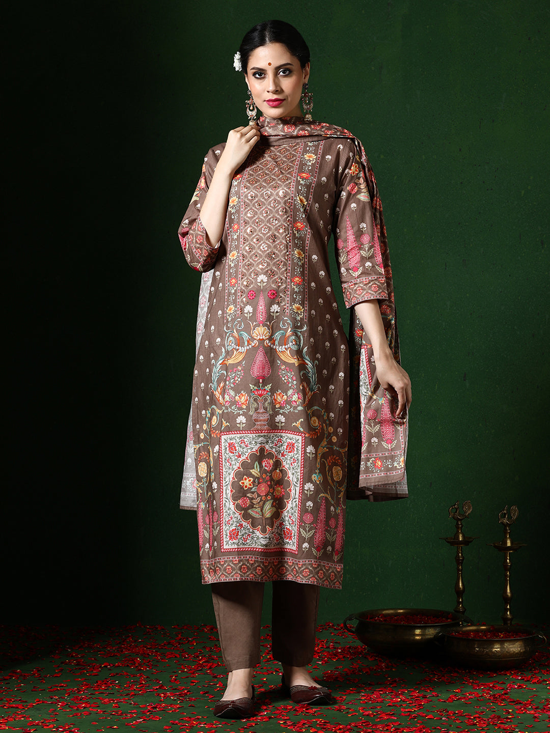 Floral Embroidered A-Line Pure Cotton Kurta & Trousers Sets