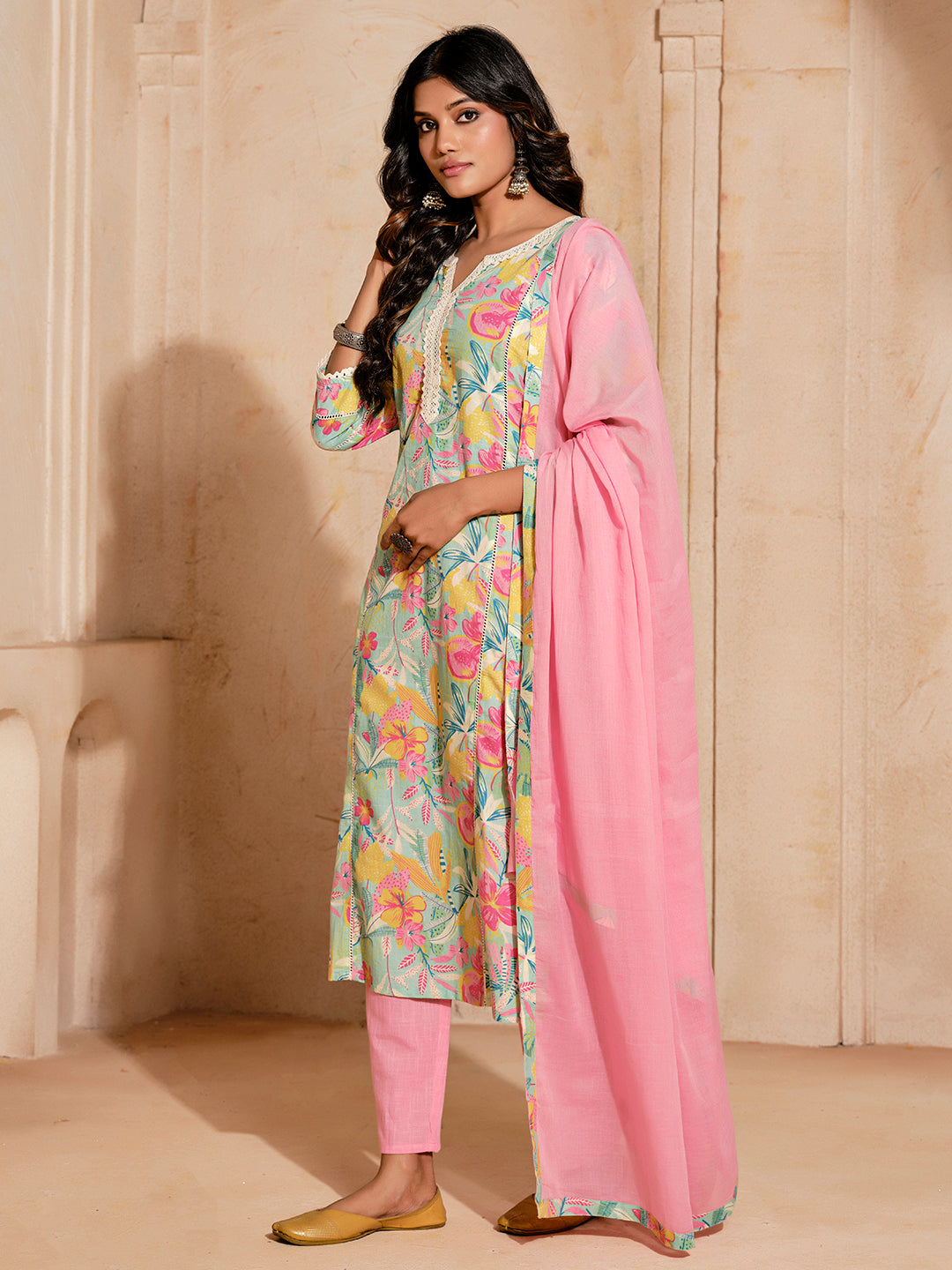 Embroidered A-Line Pure Cotton Kurta & Trousers Sets