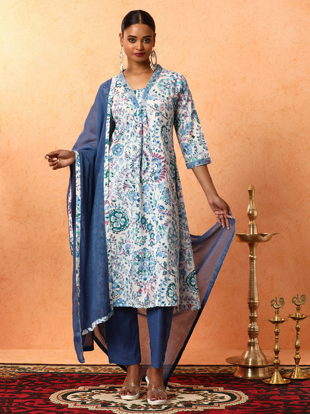 Floral Printed A-Line Pure Cotton Kurta & Trousers Sets