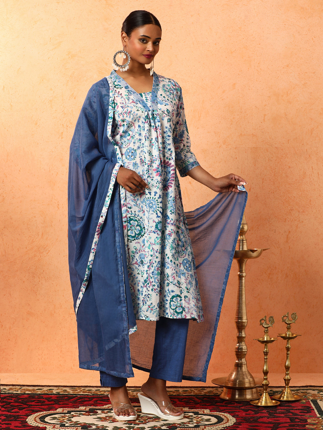 Floral Printed A-Line Pure Cotton Kurta & Trousers Sets