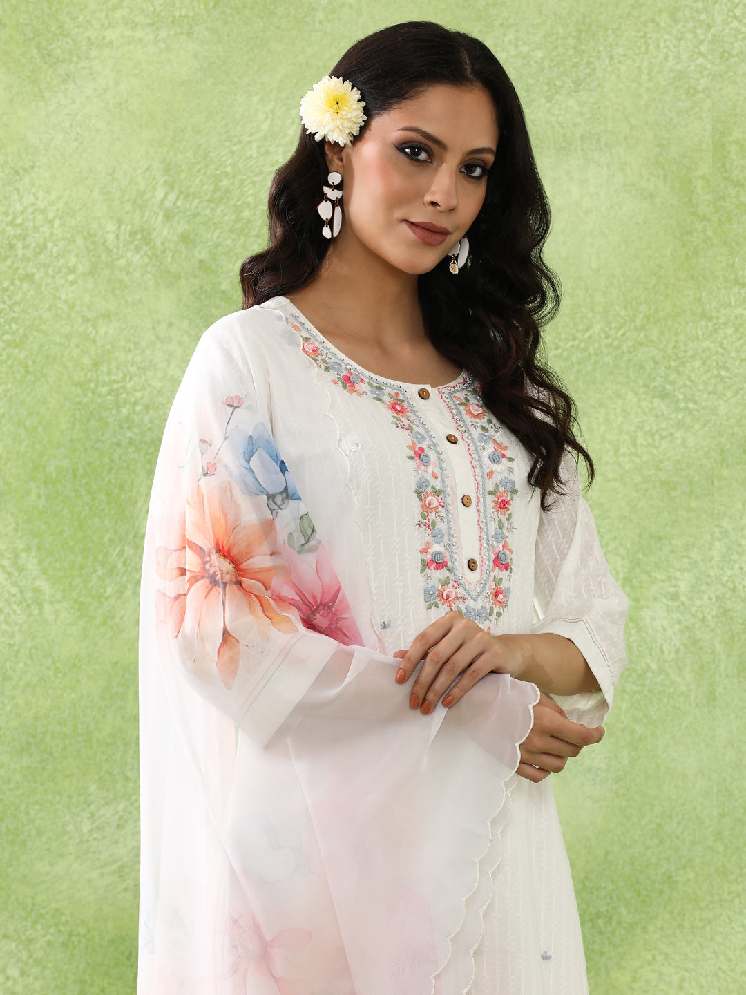 Floral Embroidered A-Line Pure Cotton Kurta & Trousers Sets