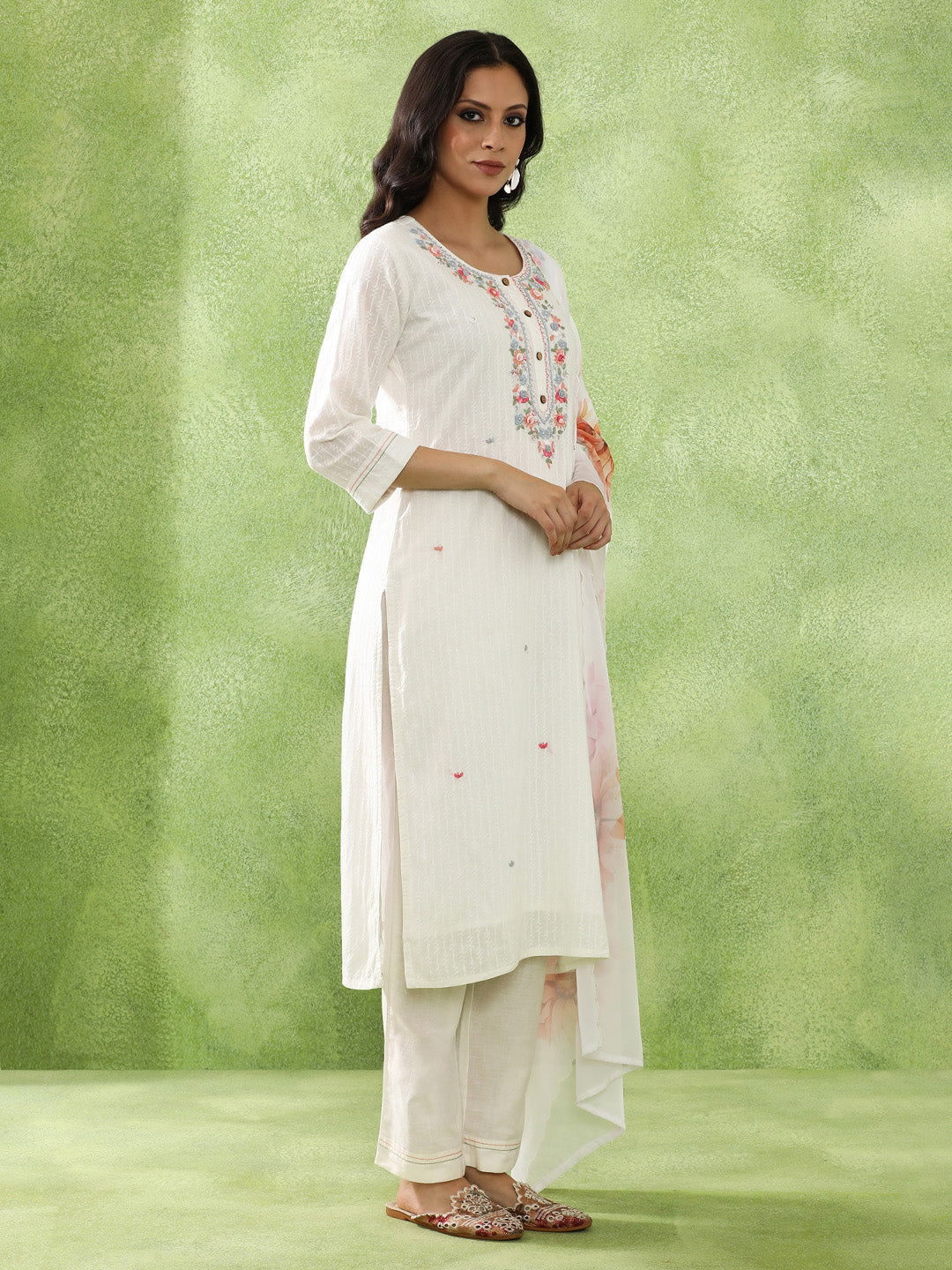 Floral Embroidered A-Line Pure Cotton Kurta & Trousers Sets