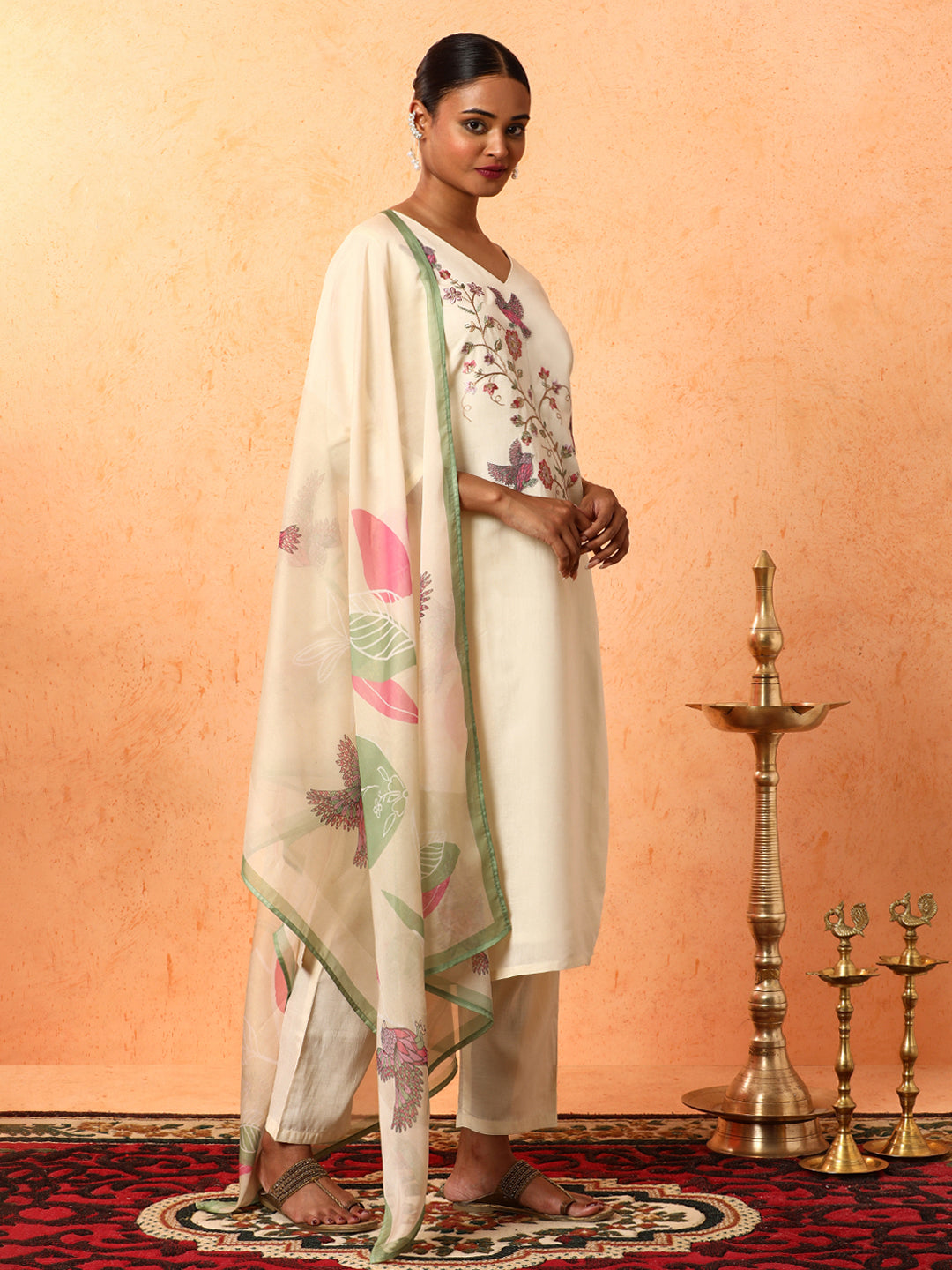 Floral Embroidered Straight Silk Blend Kurta & Trousers Sets