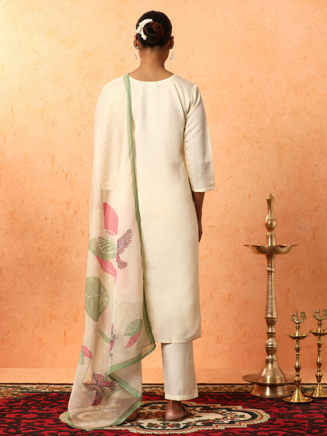 Floral Embroidered Straight Silk Blend Kurta & Trousers Sets