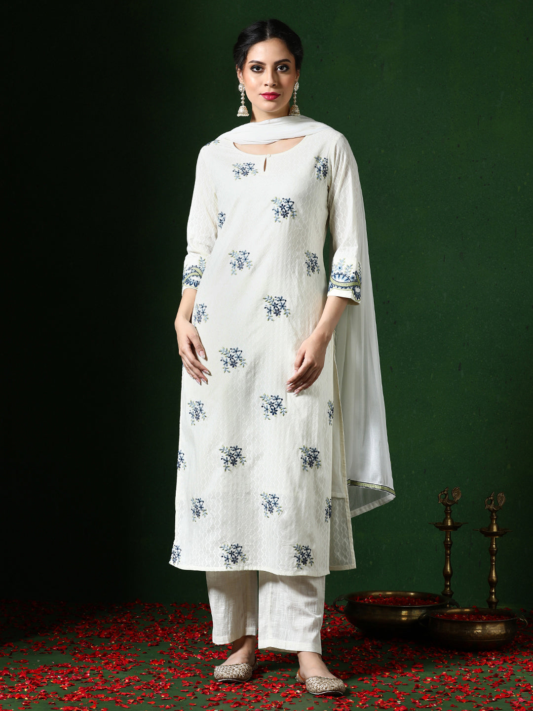 Floral Embroidered Straight Cotton Blend Kurta & Trousers Sets
