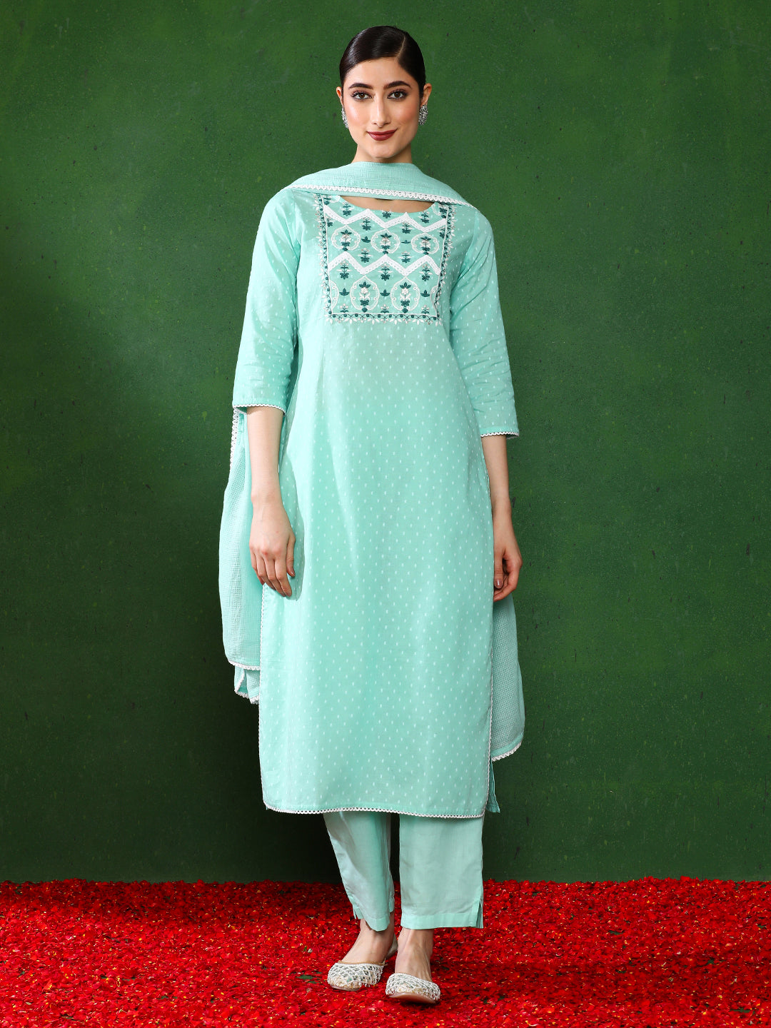 Floral Embroidered Straight kurta & Trousers Sets