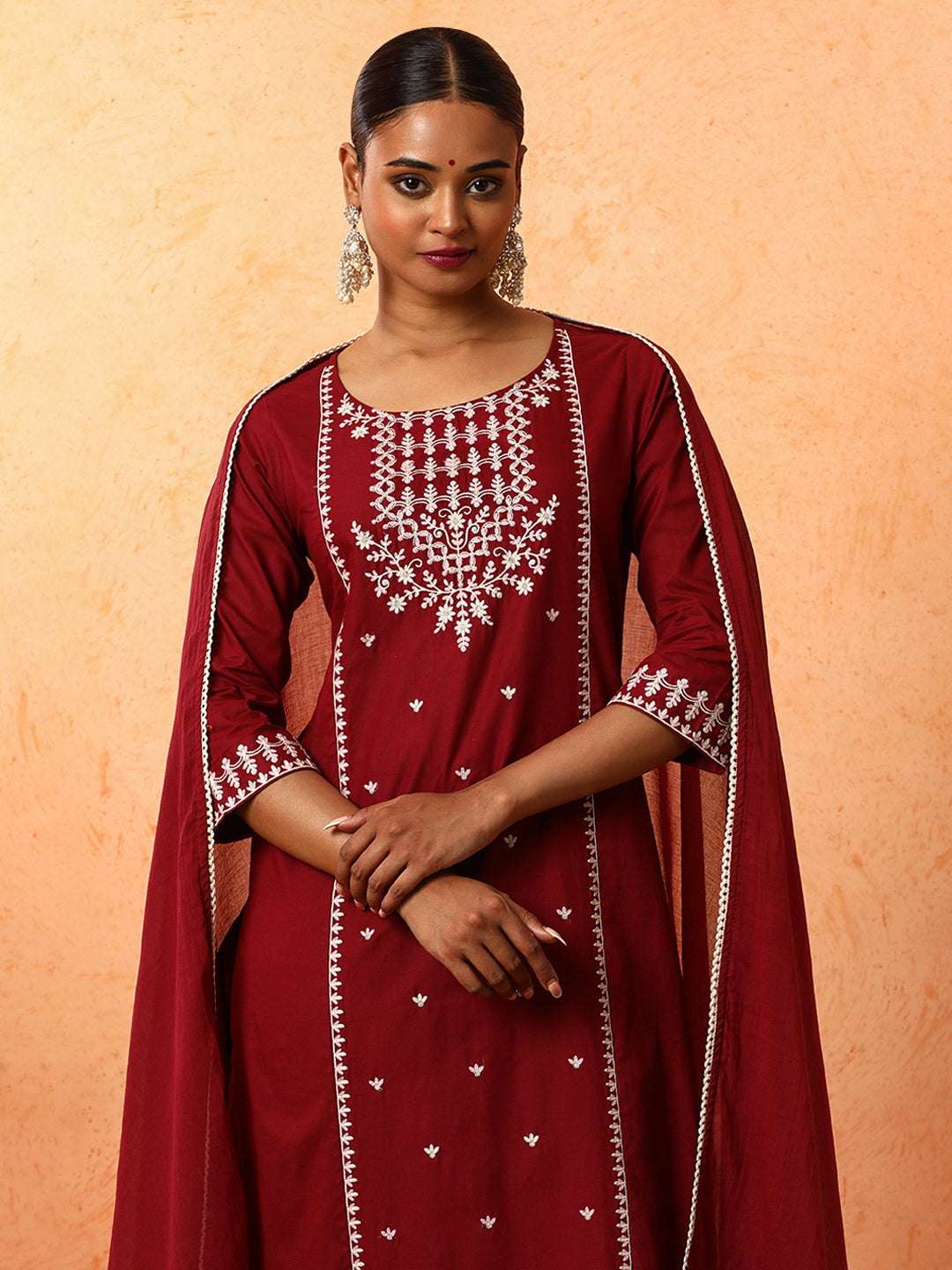 Floral Embroidered Straight Pure Cotton Kurta & Trousers Sets