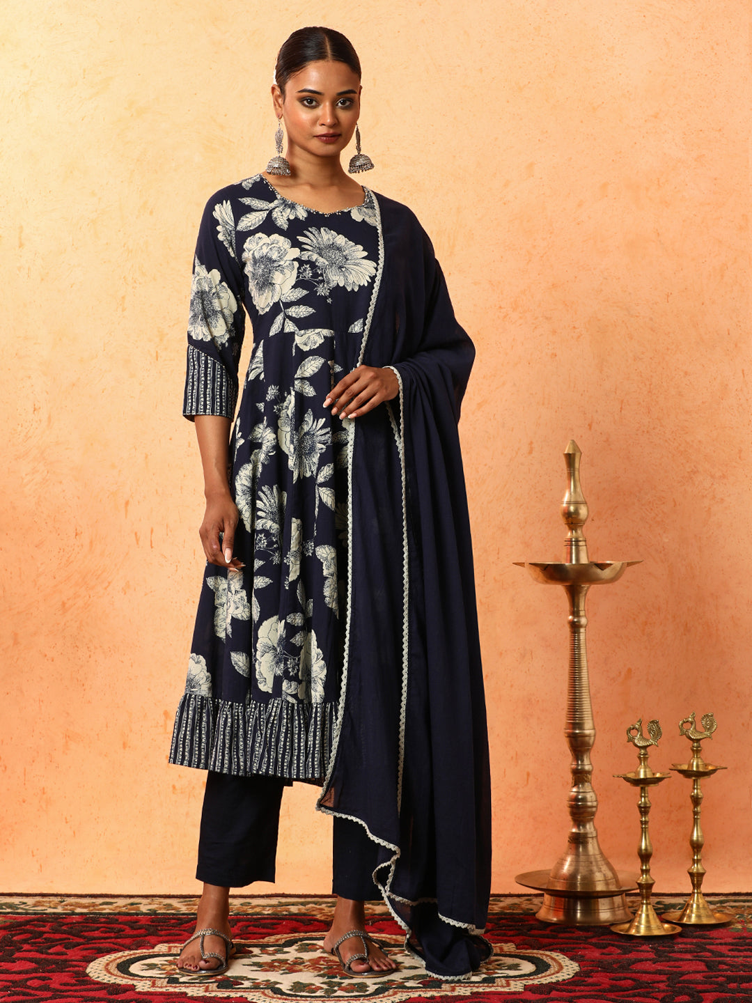 Floral Embroidered A-Line Pure Cotton Kurta & Trousers Sets