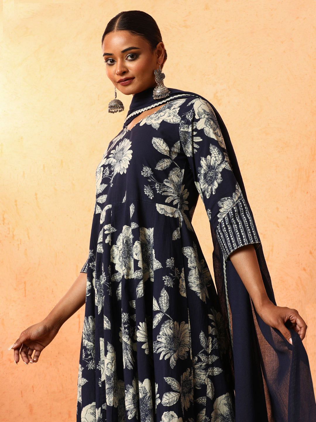 Floral Embroidered A-Line Pure Cotton Kurta & Trousers Sets