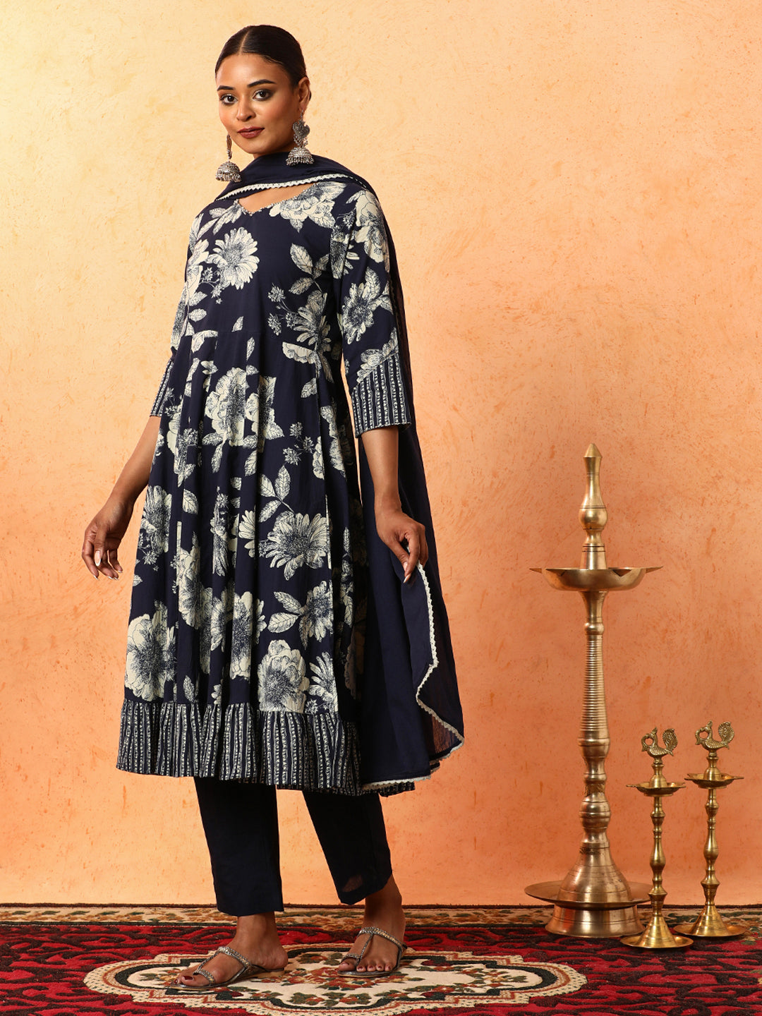 Floral Embroidered A-Line Pure Cotton Kurta & Trousers Sets
