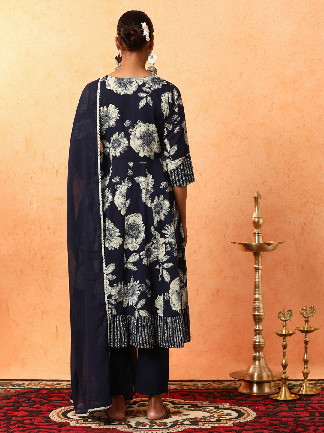 Floral Embroidered A-Line Pure Cotton Kurta & Trousers Sets