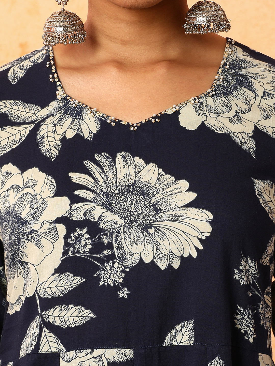 Floral Embroidered A-Line Pure Cotton Kurta & Trousers Sets