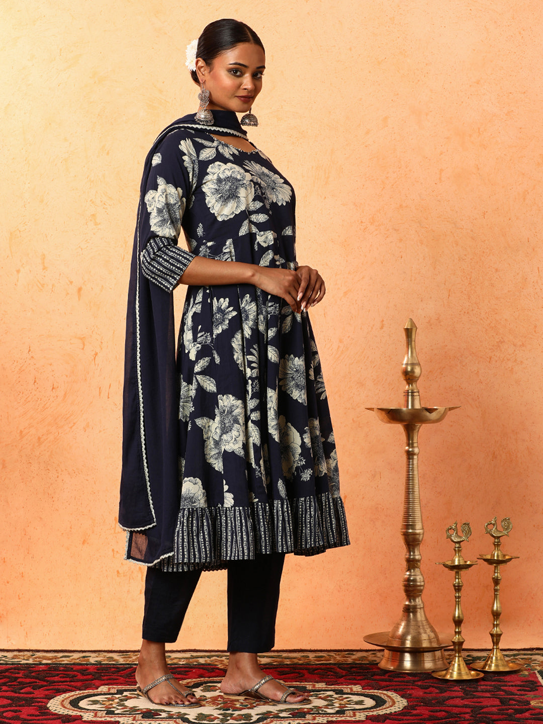 Floral Embroidered A-Line Pure Cotton Kurta & Trousers Sets
