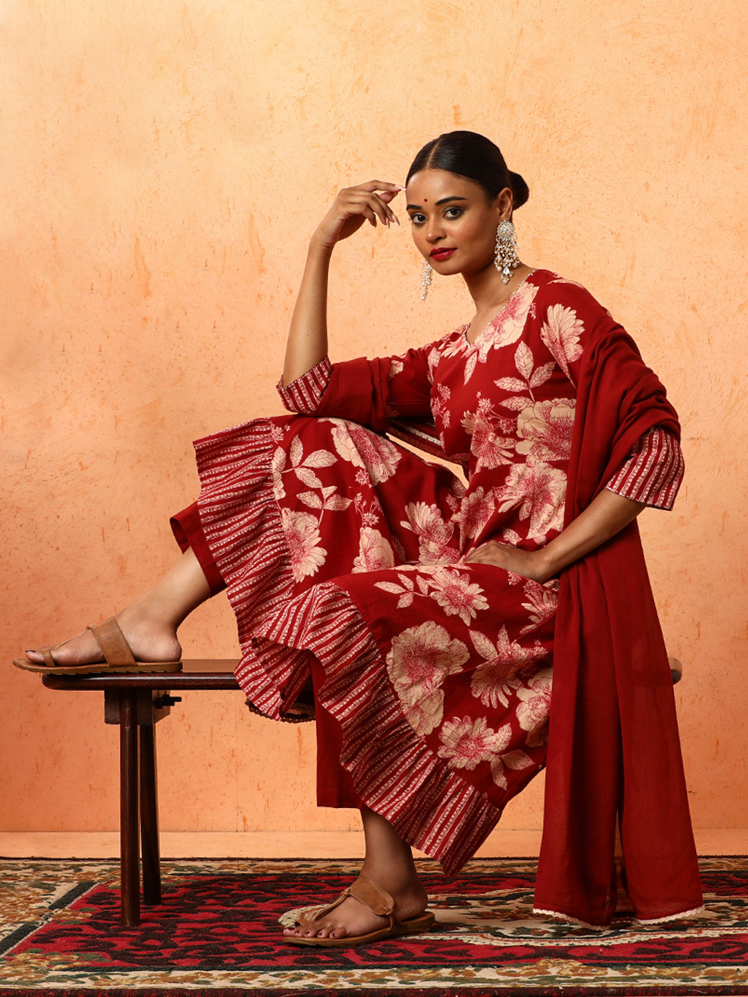 Floral Embroidered A-Line Pure Cotton Kurta & Trousers Sets