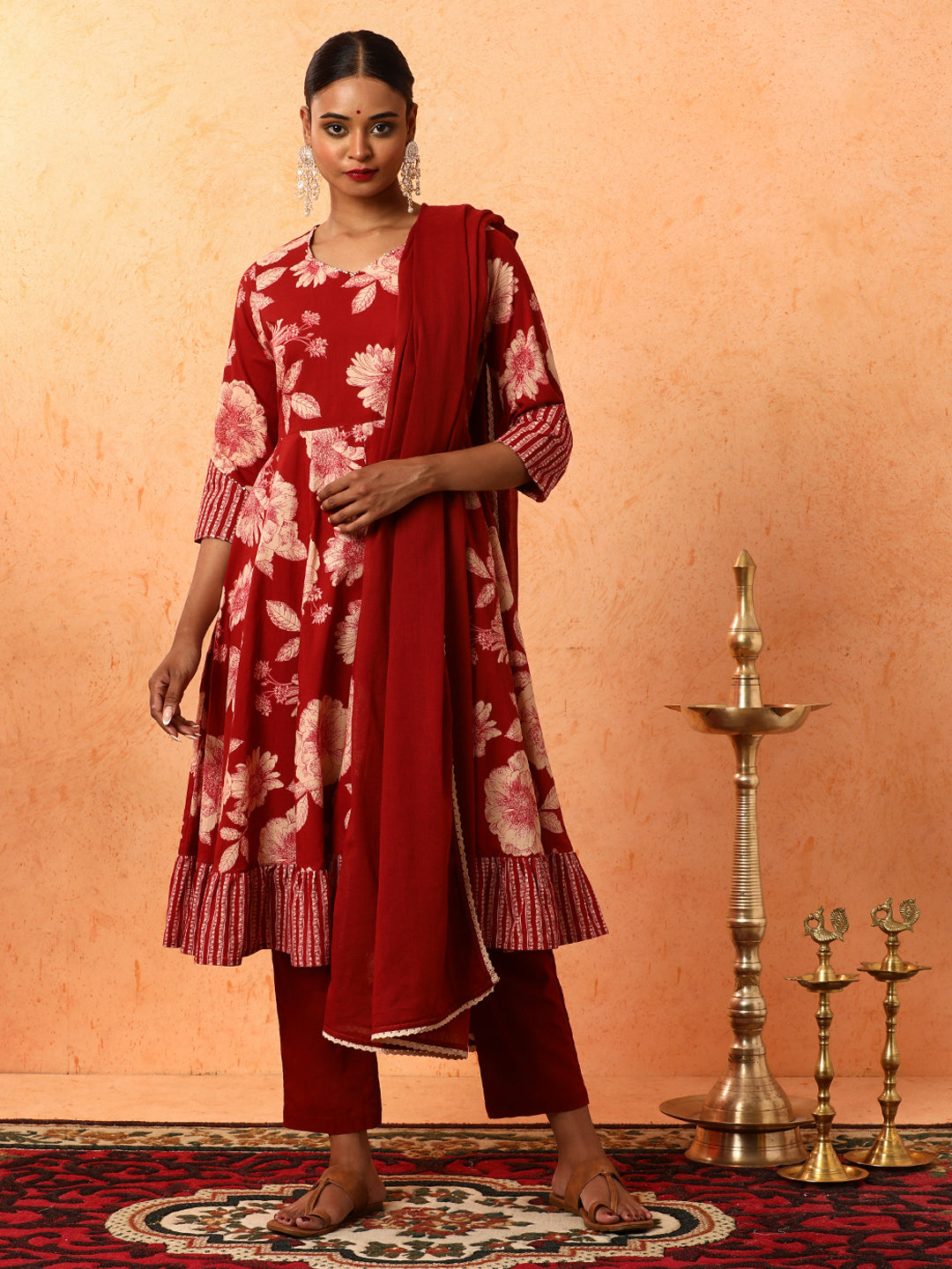 Floral Embroidered A-Line Pure Cotton Kurta & Trousers Sets