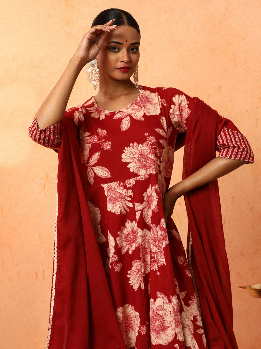 Floral Embroidered A-Line Pure Cotton Kurta & Trousers Sets