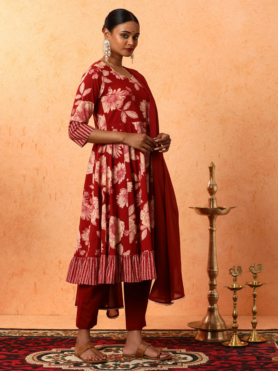 Floral Embroidered A-Line Pure Cotton Kurta & Trousers Sets