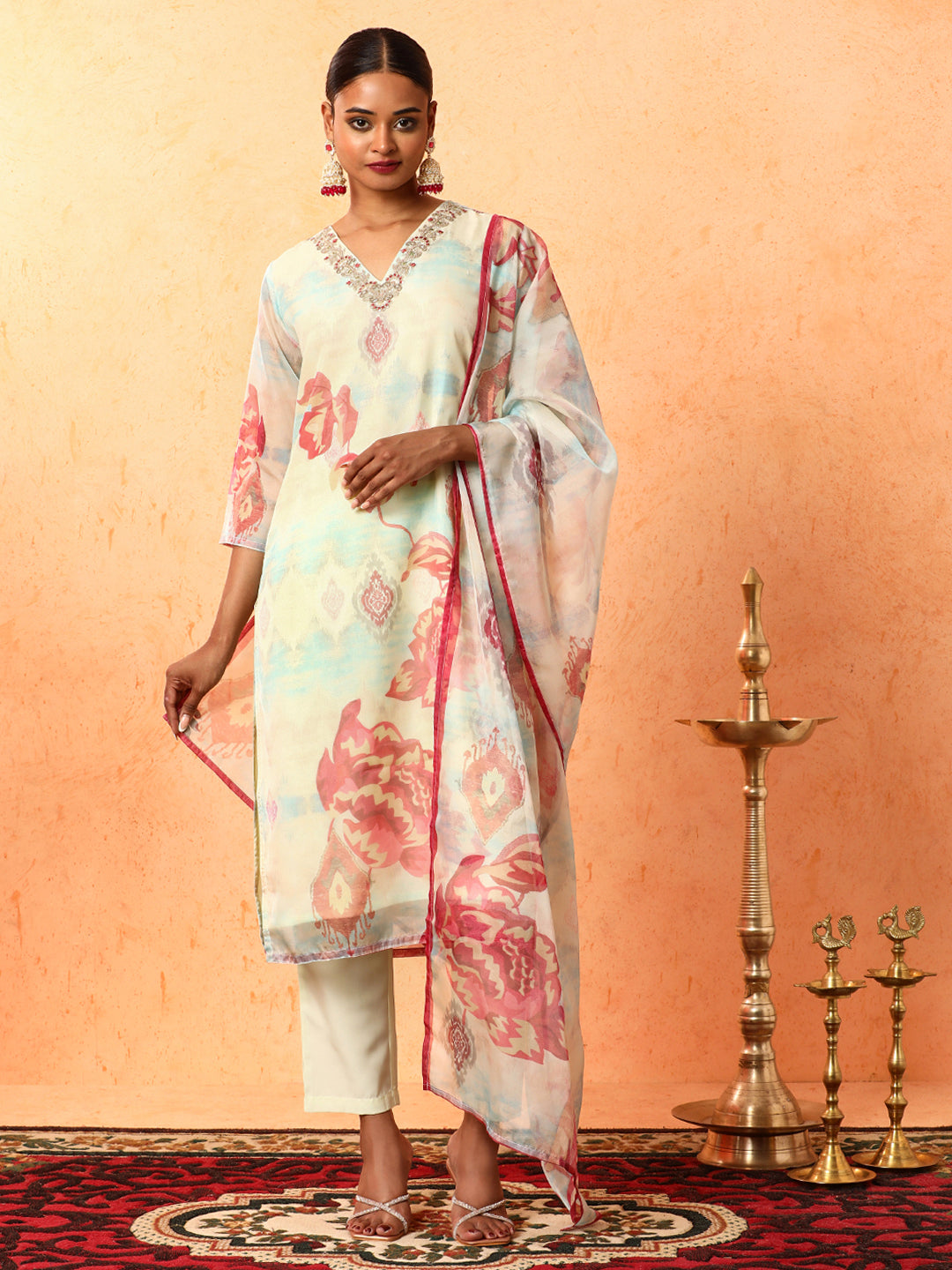 Floral Embroidered Straight Organza Kurta & Trousers Sets