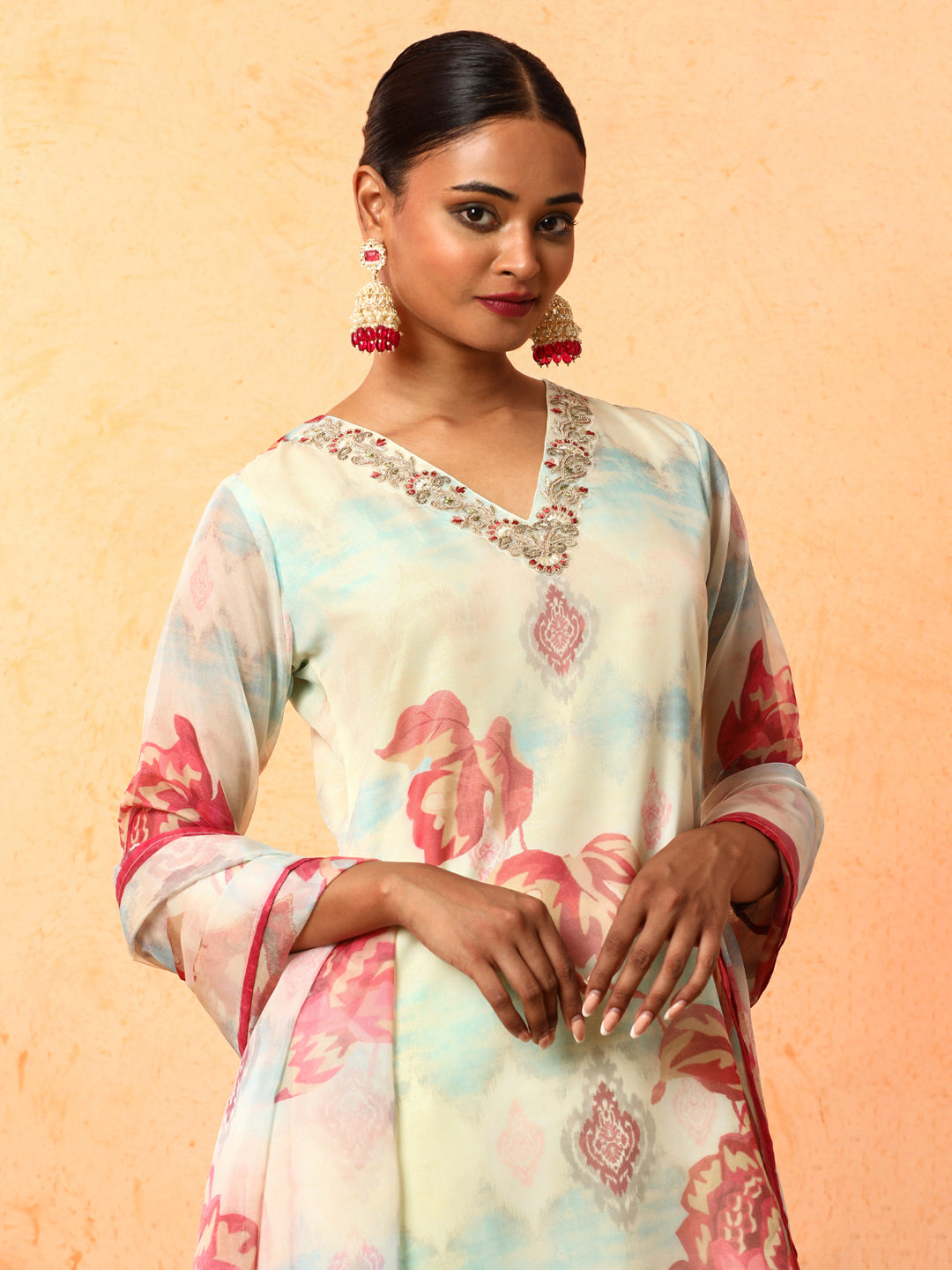 Floral Embroidered Straight Organza Kurta & Trousers Sets