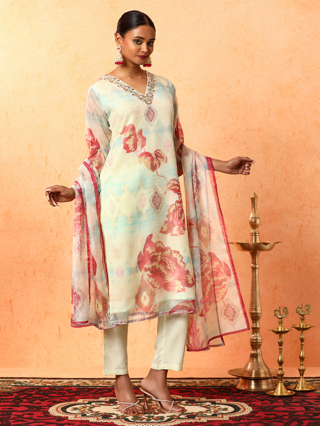 Floral Embroidered Straight Organza Kurta & Trousers Sets