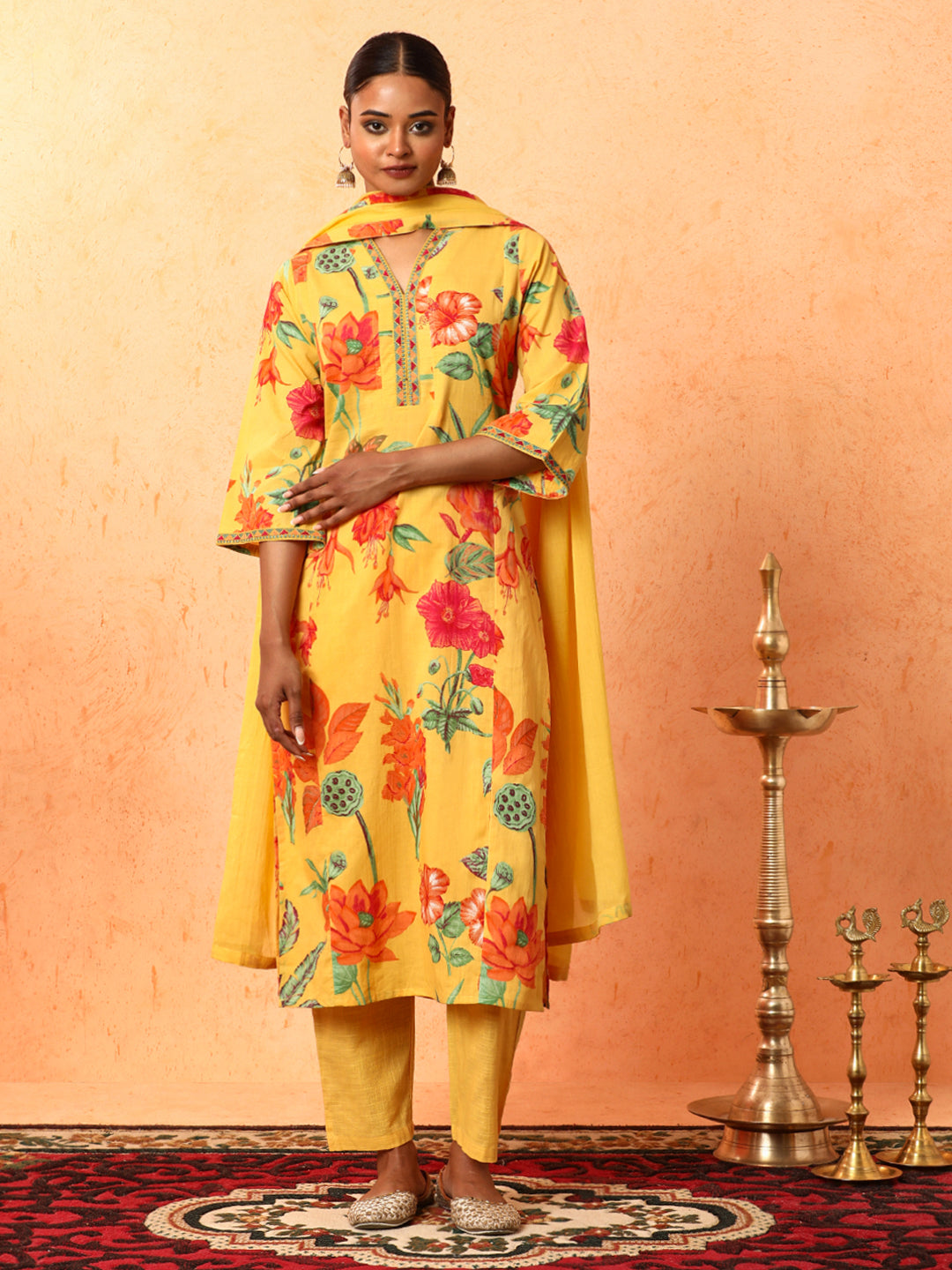 Floral Embroidered A-Line Pure Cotton Kurta & Trousers Sets