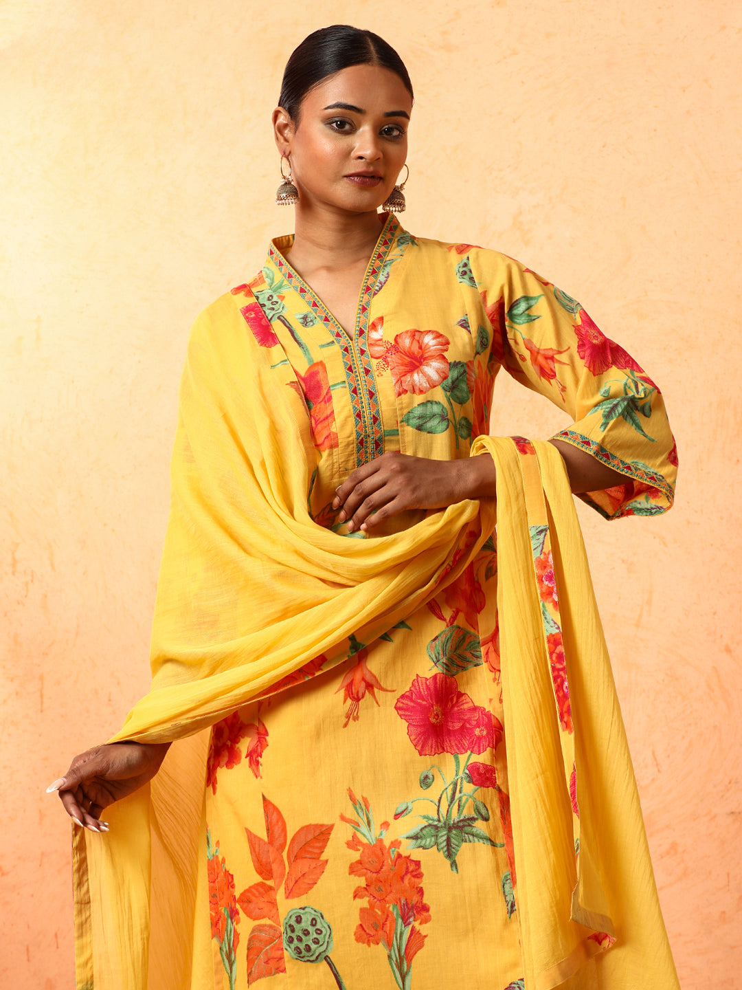 Floral Embroidered A-Line Pure Cotton Kurta & Trousers Sets