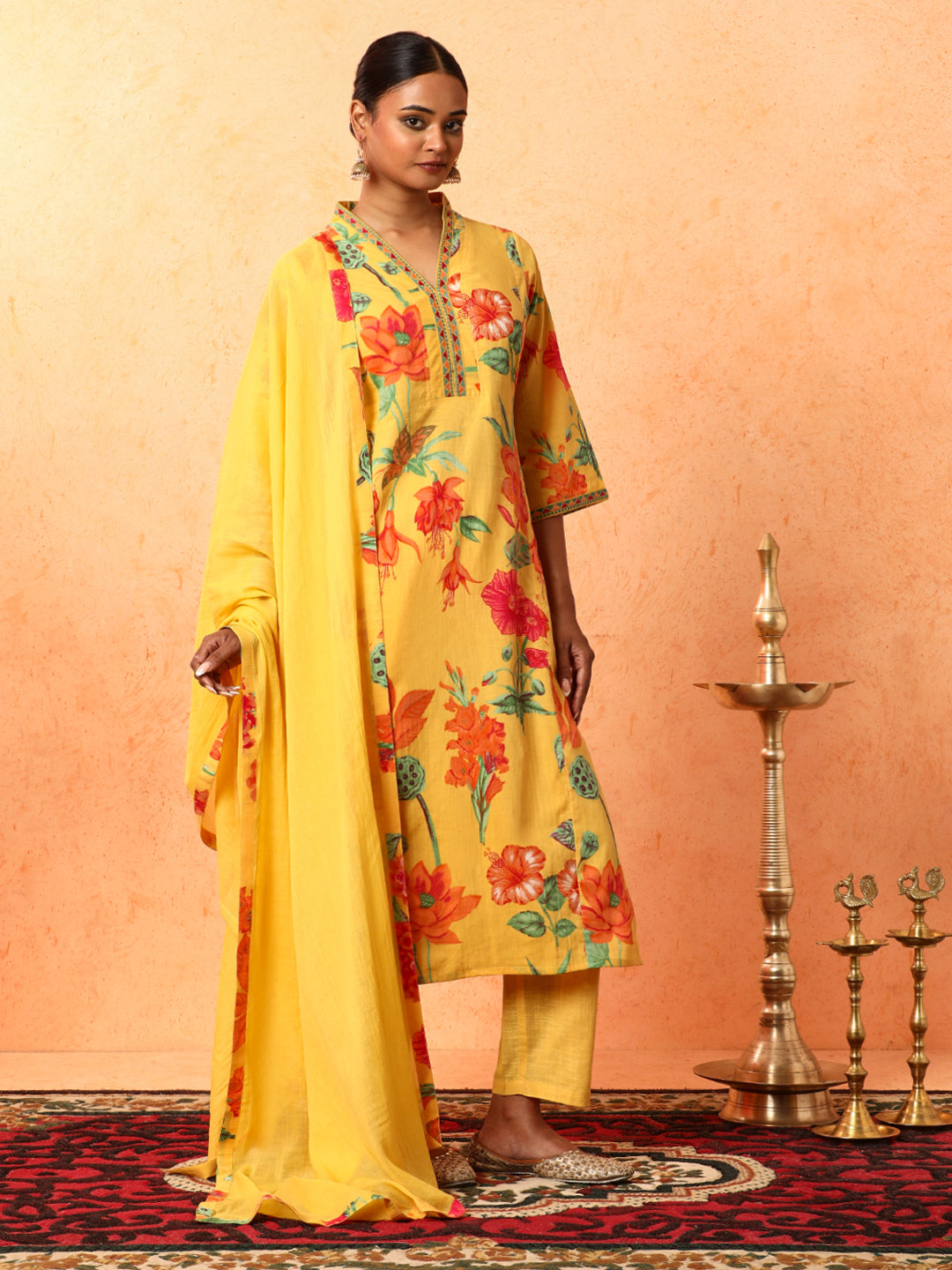 Floral Embroidered A-Line Pure Cotton Kurta & Trousers Sets