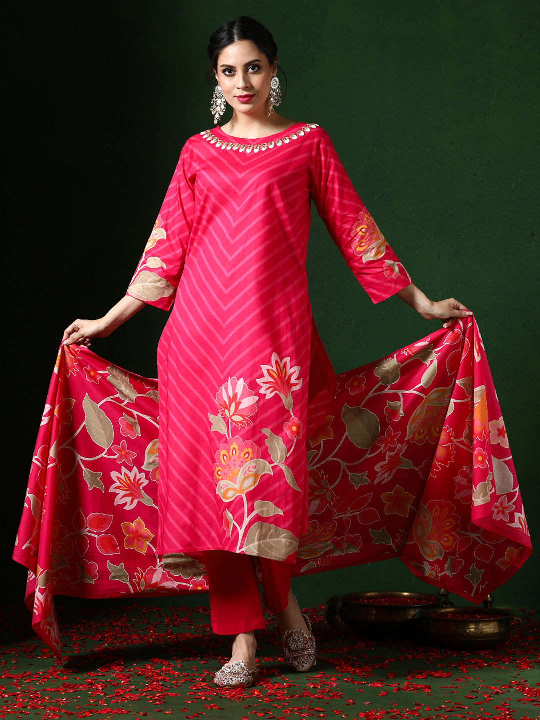 Floral Embroidered A-Line Pure Cotton Kurta & Trousers Sets