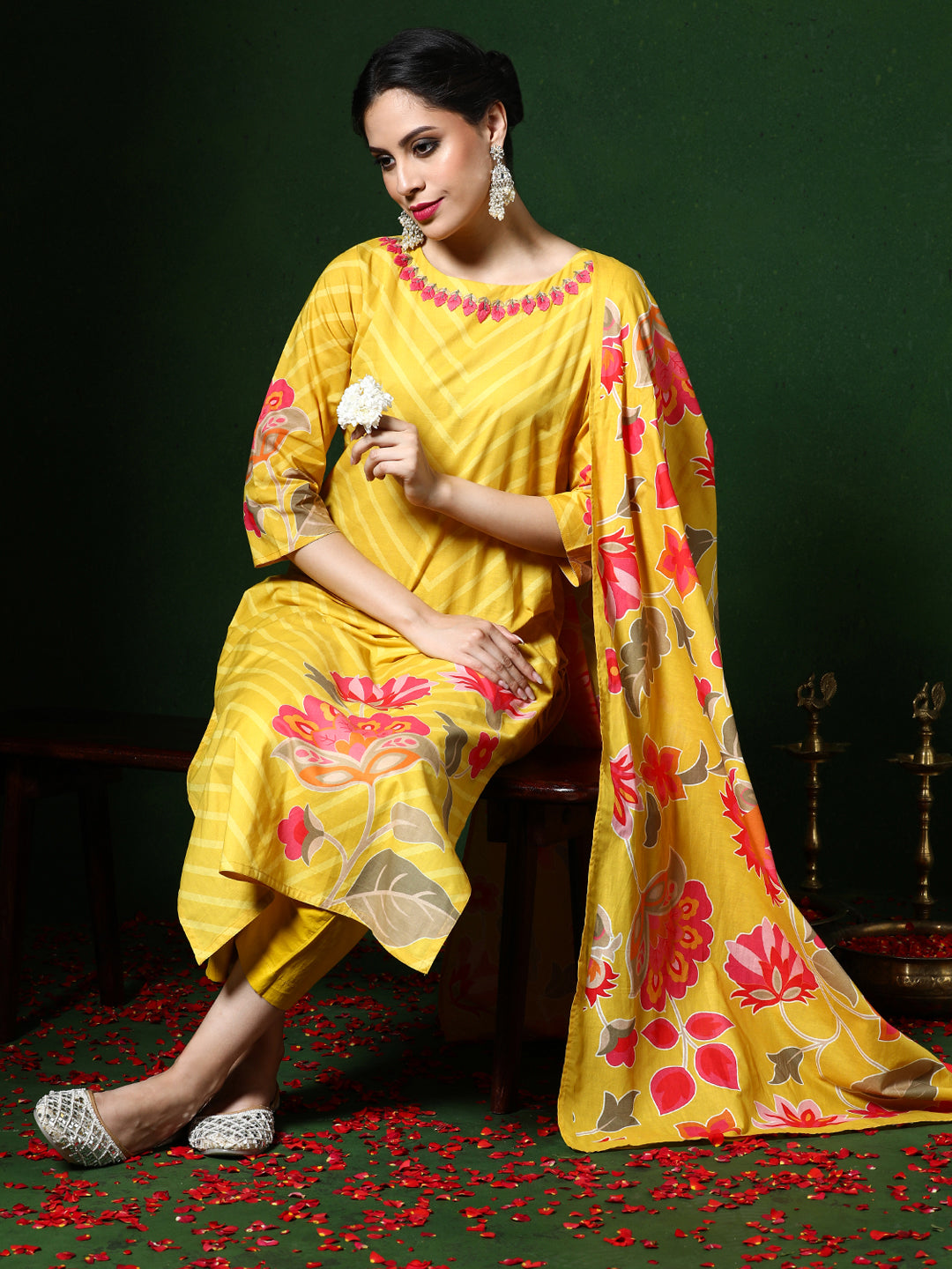 Floral Embroidered A-Line Pure Cotton Kurta & Trousers Sets