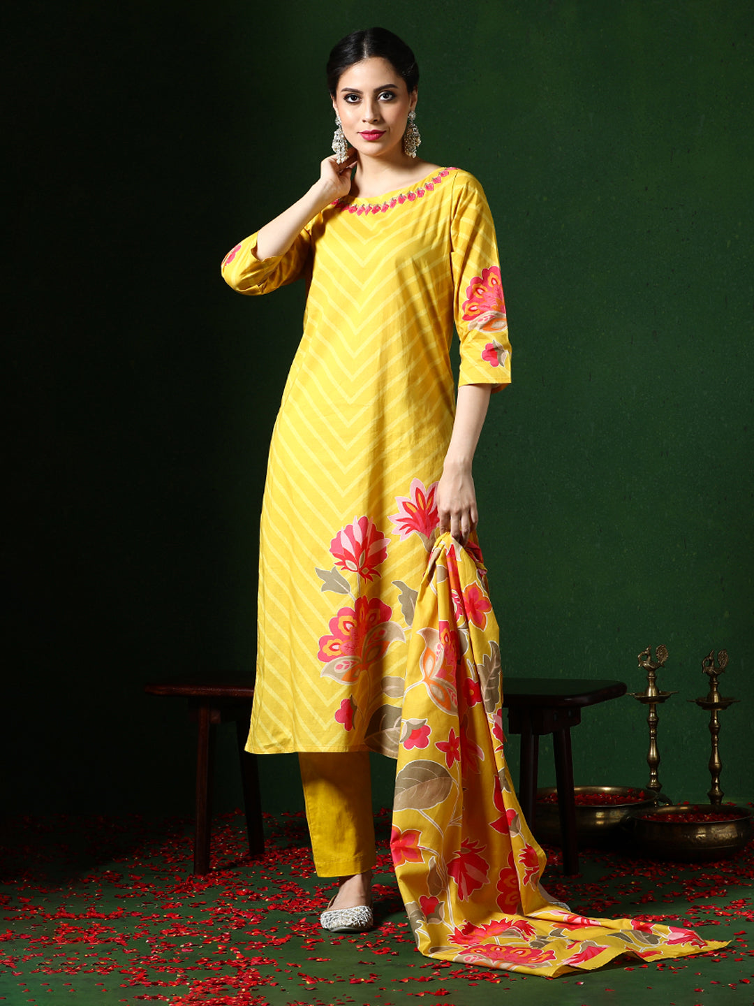 Floral Embroidered A-Line Pure Cotton Kurta & Trousers Sets