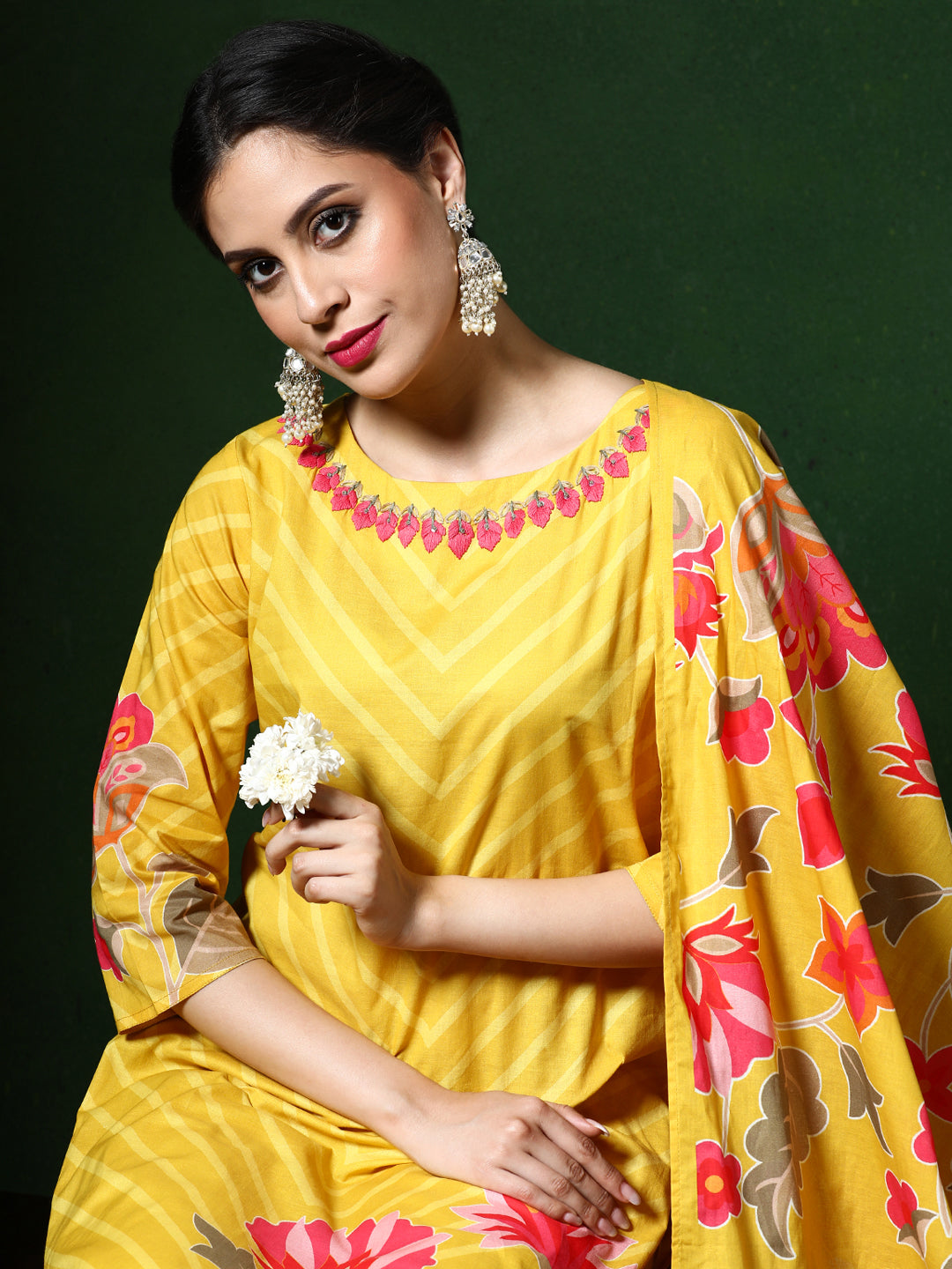 Floral Embroidered A-Line Pure Cotton Kurta & Trousers Sets