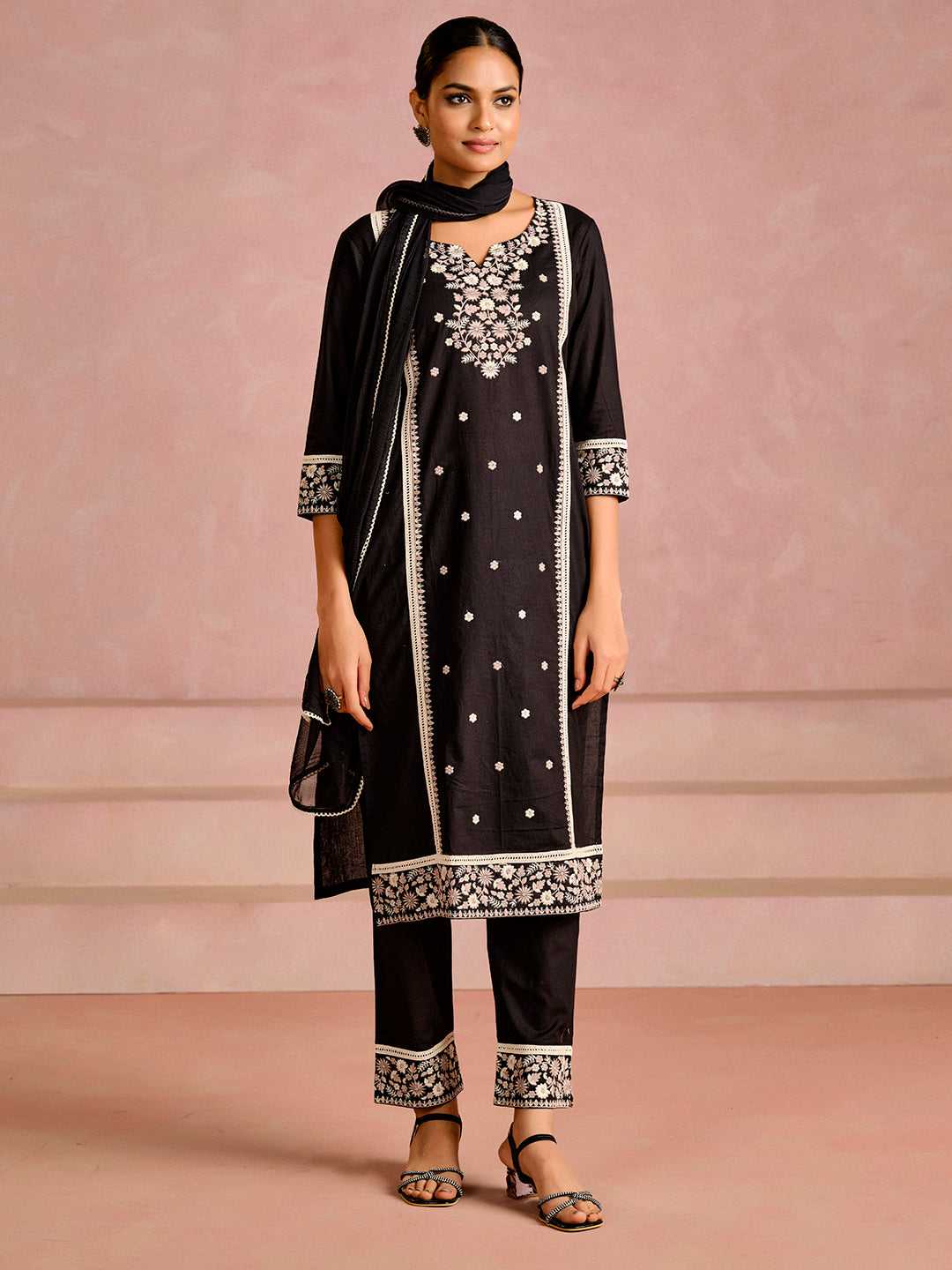 Embroidered Straight Pure Cotton Kurta & Trousers Sets