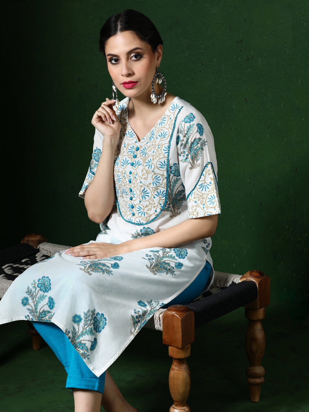 Floral Embroidered A-Line Pure Cotton Kurta