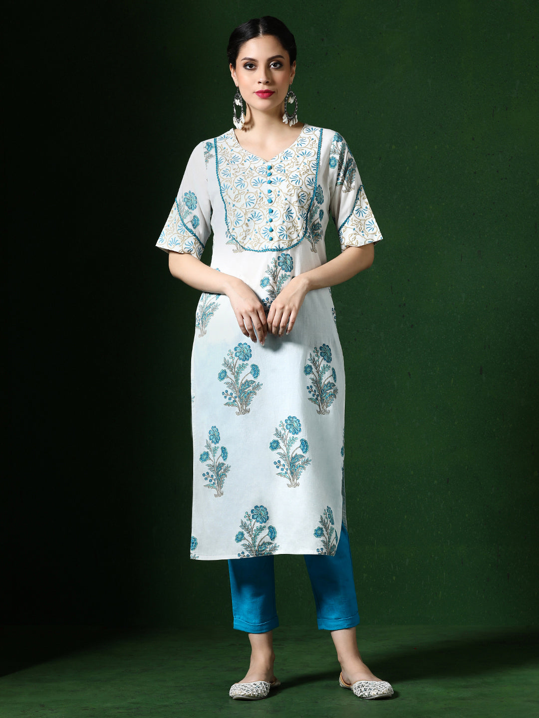 Floral Embroidered A-Line Pure Cotton Kurta