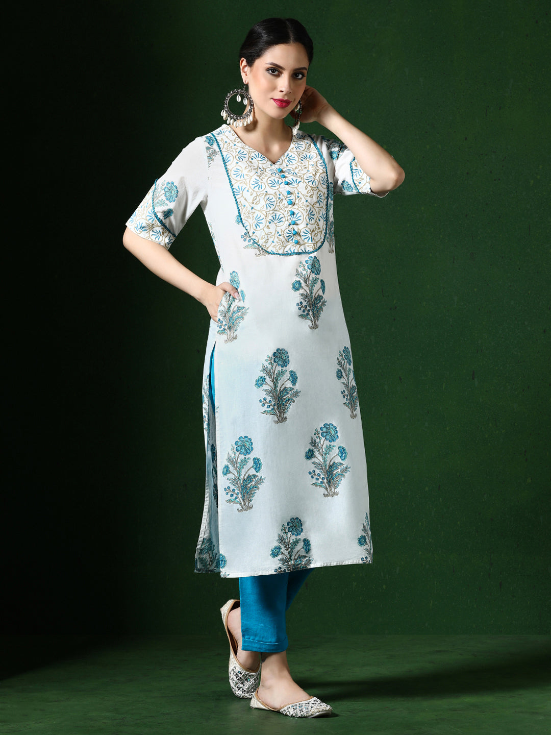 Floral Embroidered A-Line Pure Cotton Kurta