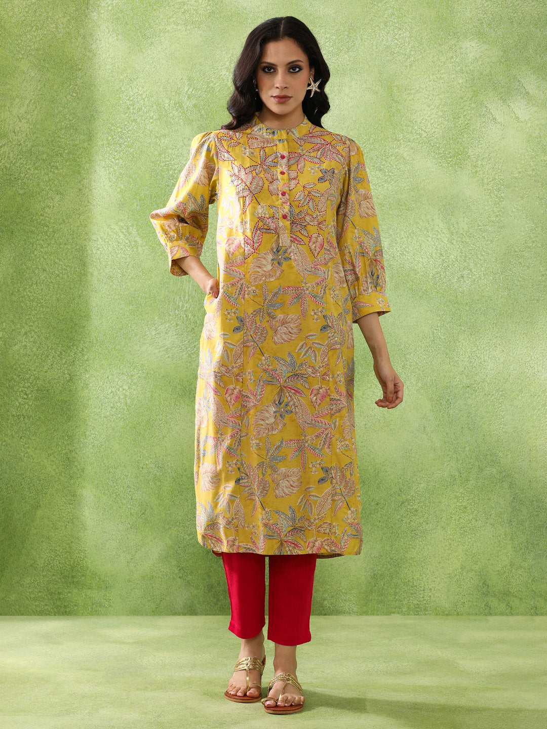 Floral Embroidered Straight Cotton Blend Kurta
