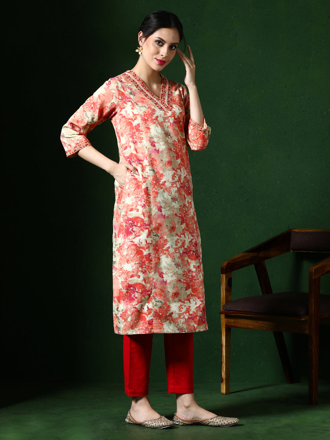 Floral Embroidered A-Line Cotton Blend Kurta