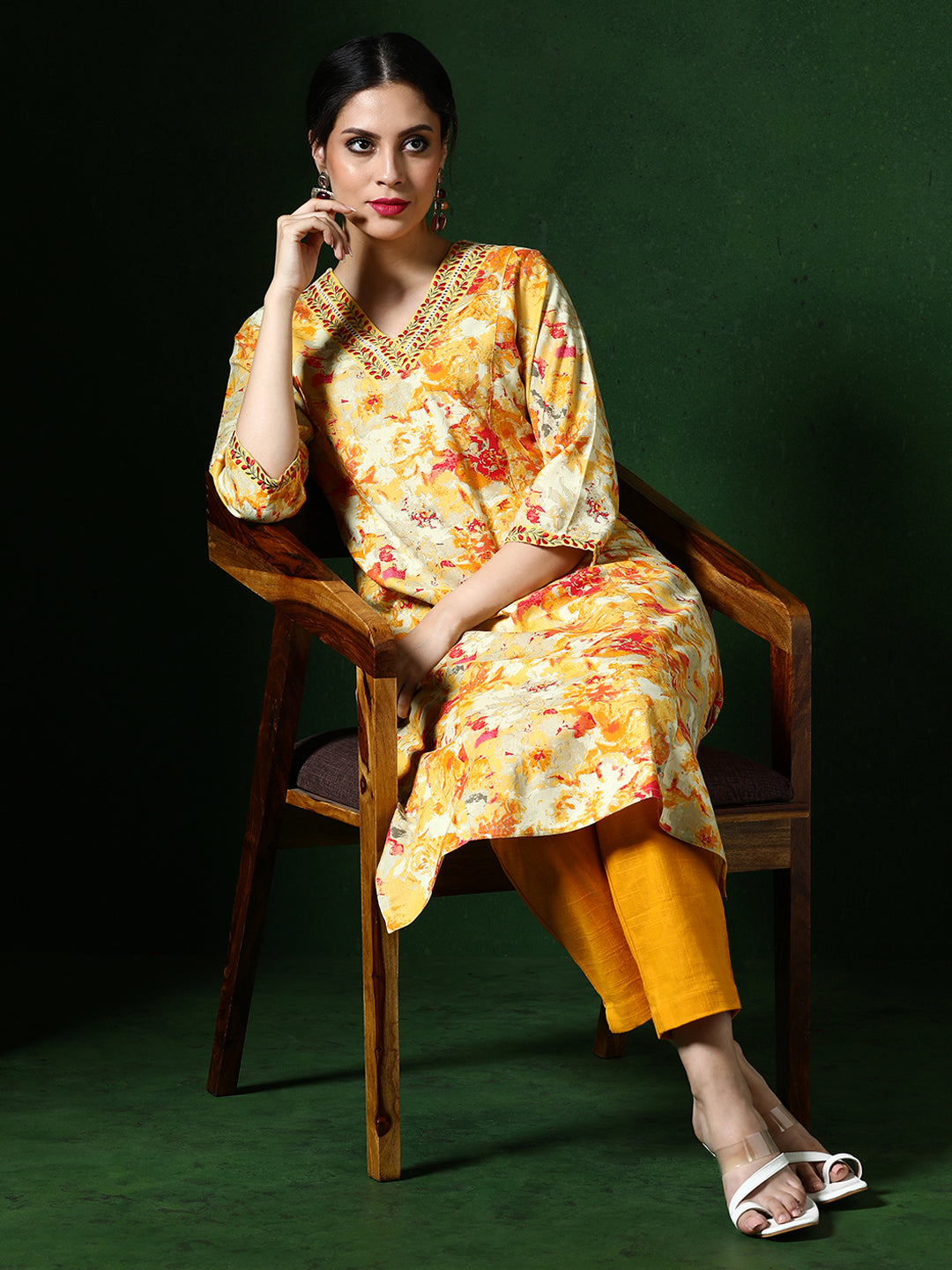 Floral Embroidered A-Line Cotton Blend Kurta