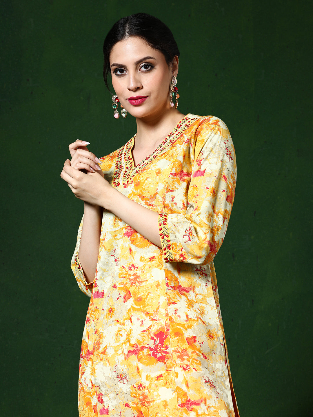 Floral Embroidered A-Line Cotton Blend Kurta