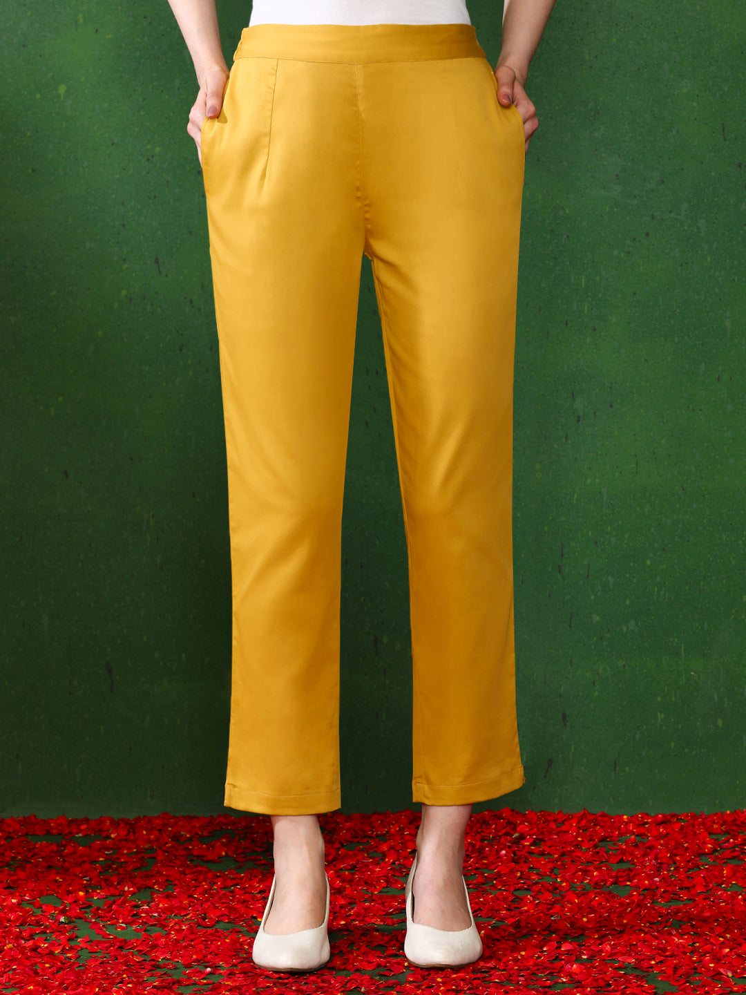 Women Mustard Solid Regular Trousers
