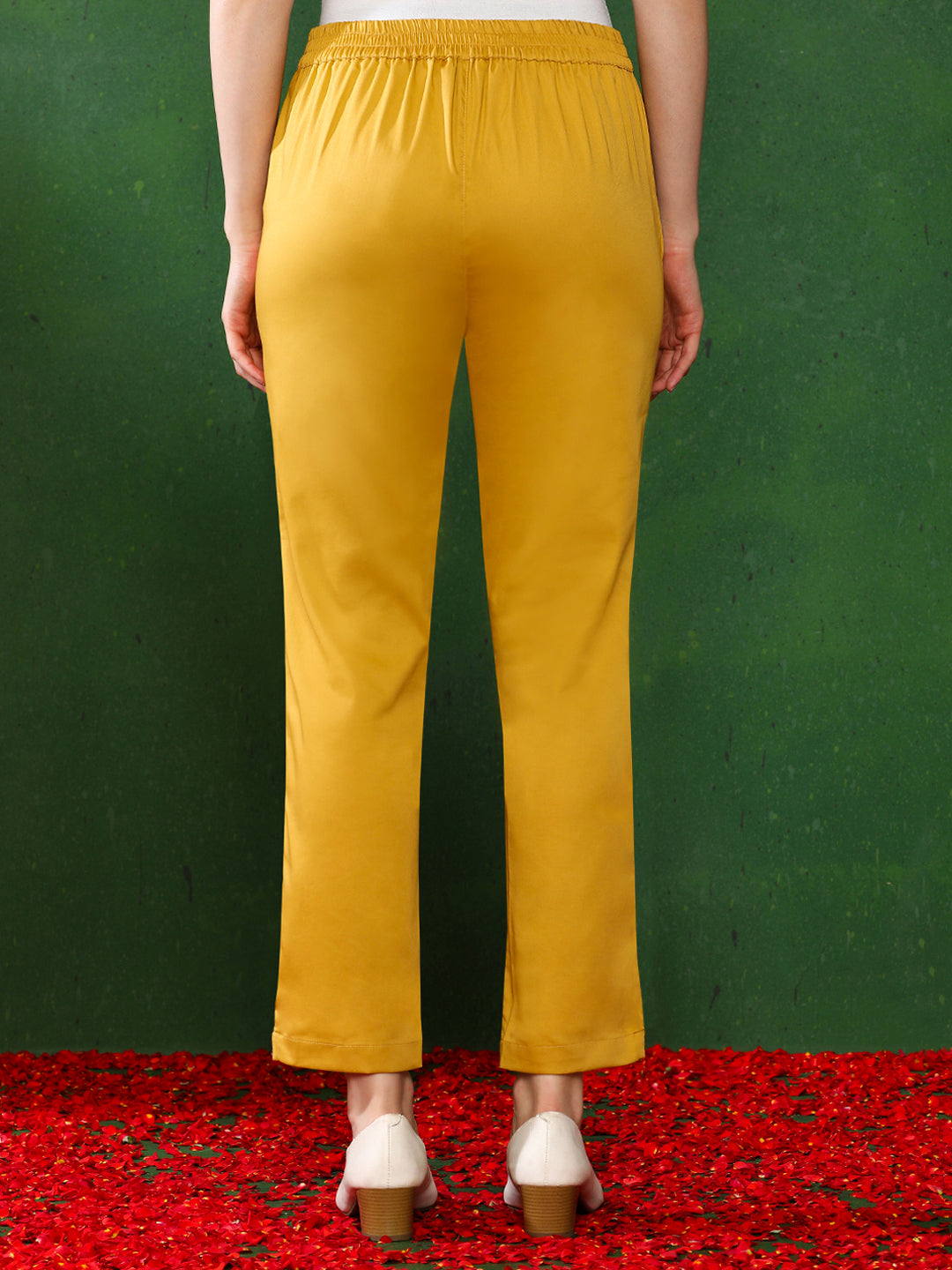 Women Mustard Solid Regular Trousers