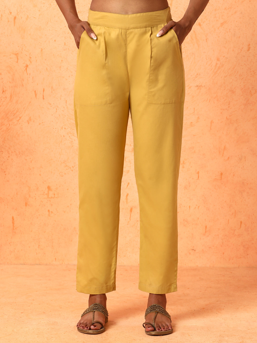 Women Beige Solid Regular Trousers