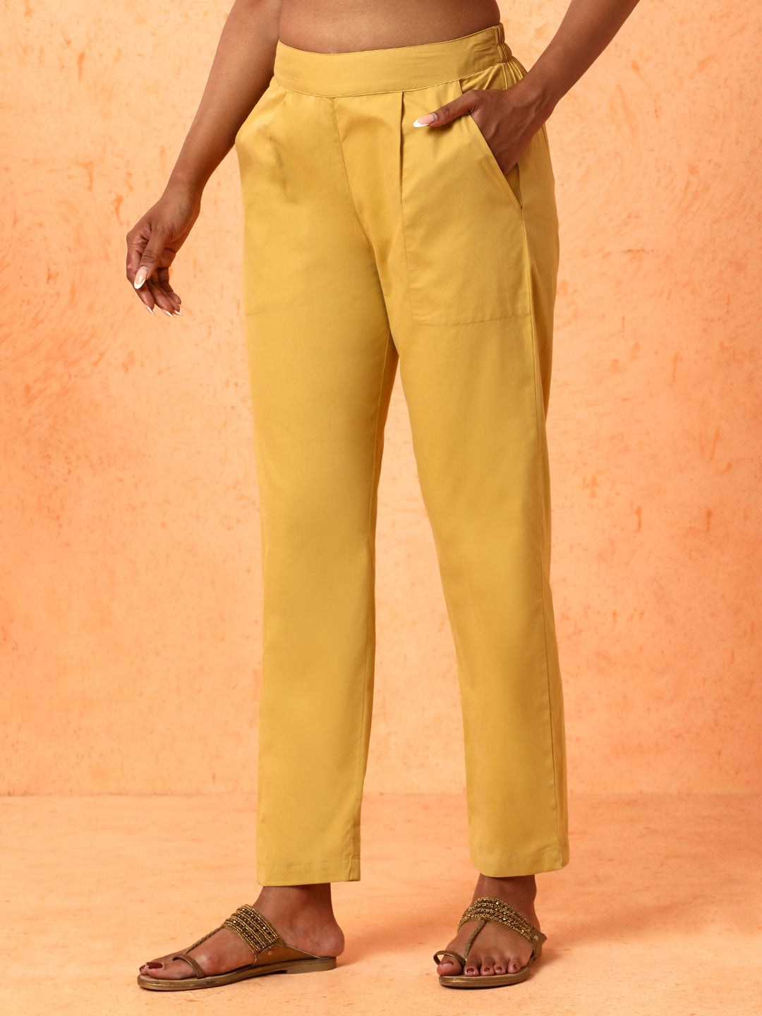 Women Beige Solid Regular Trousers