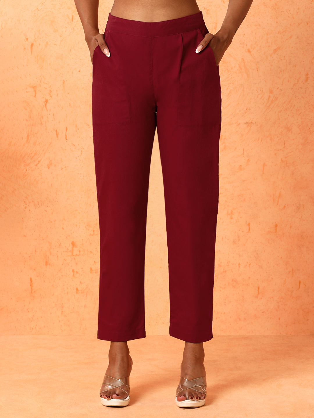 Women Maroon Solid Regular Trousers